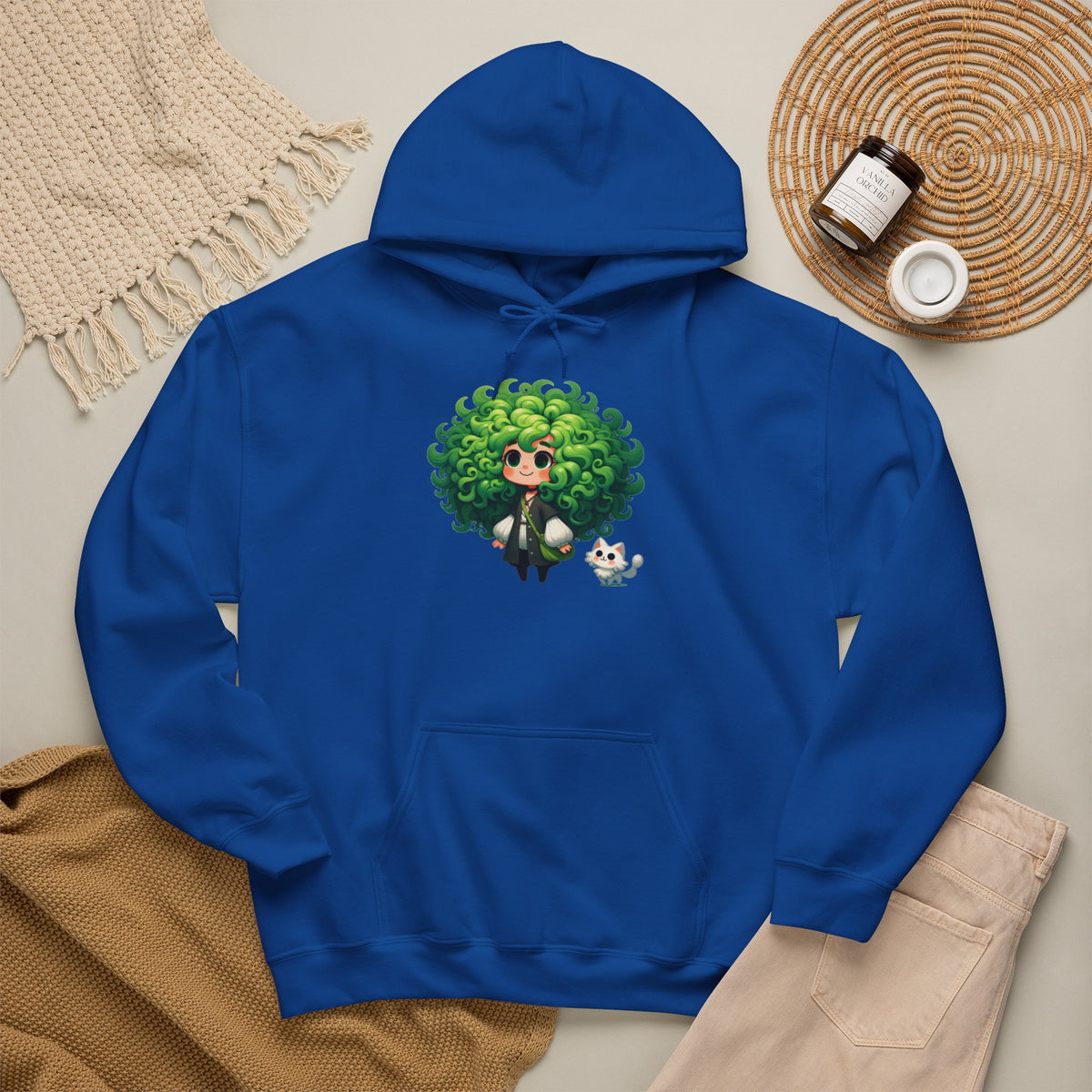 Green Hair Chibi Girl | Cute Anime Character | Kawaii Cat Companion Graphic | Unisex | Green Curly-Head Character Hooded