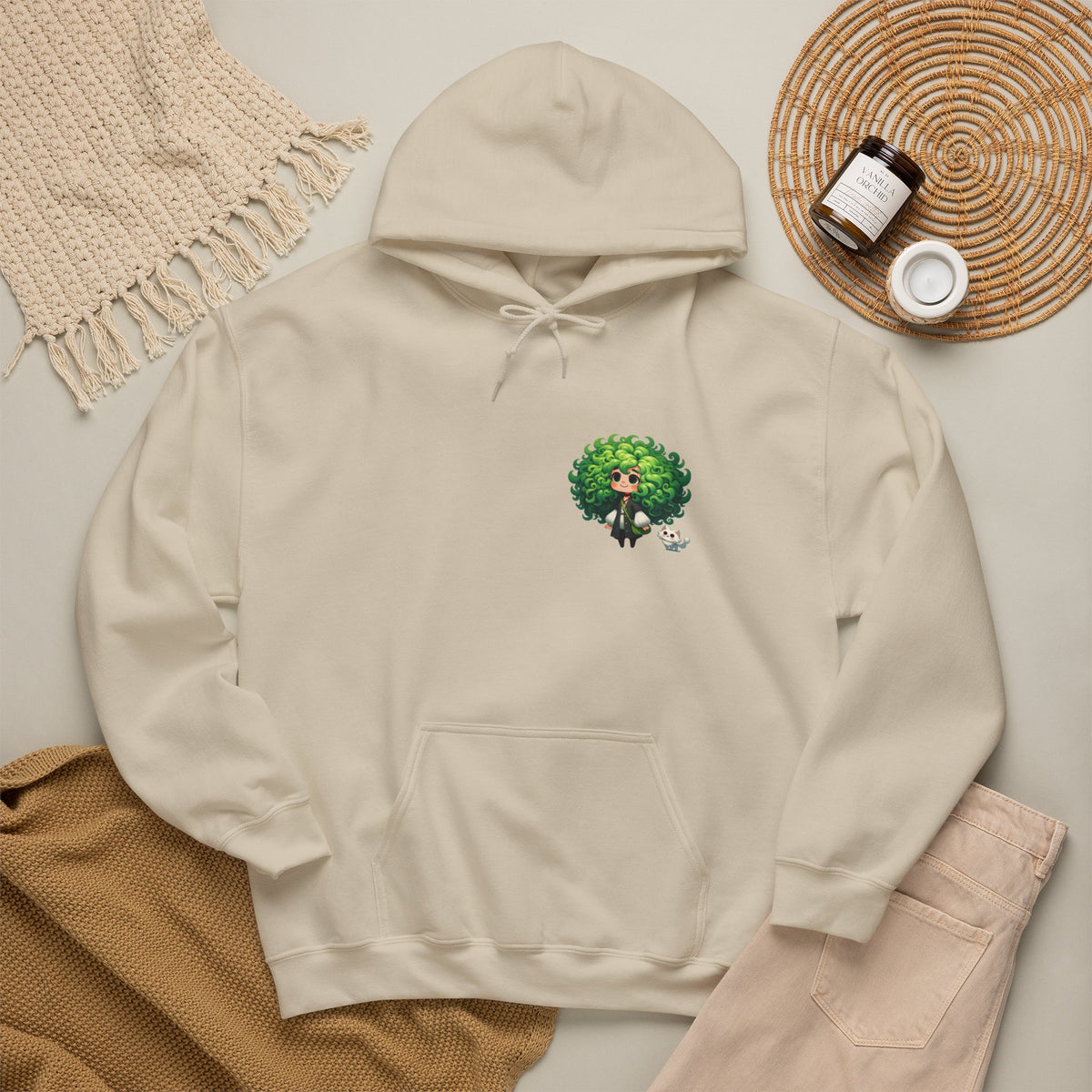 Green Hair Chibi Girl | Cute Anime Character | Kawaii Cat Companion Graphic | Unisex | Green Curly-Head Character Hooded